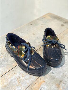 Sperry Top-Sider Womens Waterproof Rubber Duck Boots With Plaid Design 6 Navy &